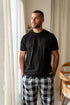 Men summer pajama set Black T-shirt + Black X White Glen Plaid Pants